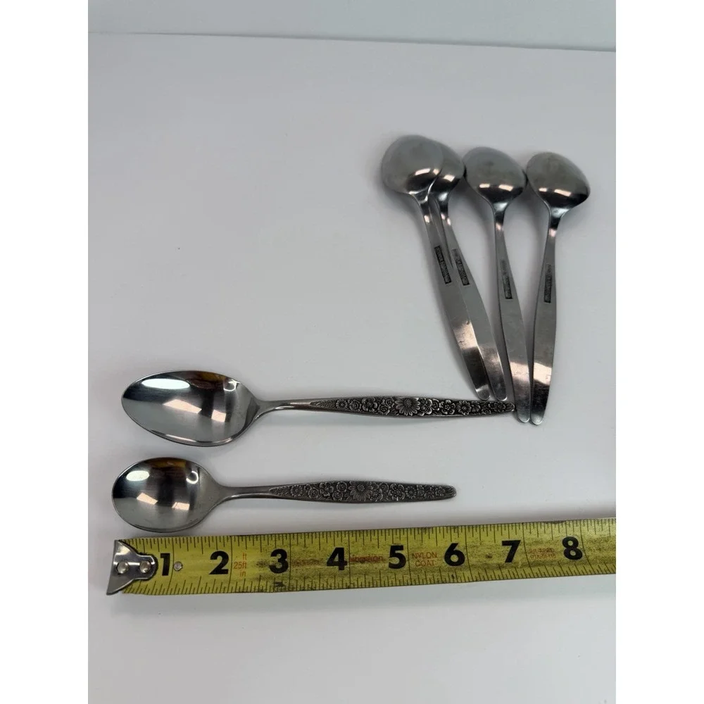 MCM Interpur JARDINERA Stainless Steel Japan Floral 5 Soup Spoons 1 Sugar Spoon